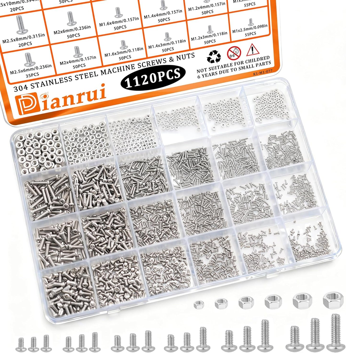 Set 1120 piezas métricas acero inox 304 surtido M1-M2.5