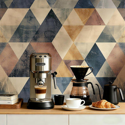 Papel tapiz geométrico retro diamantes beige marrón azul