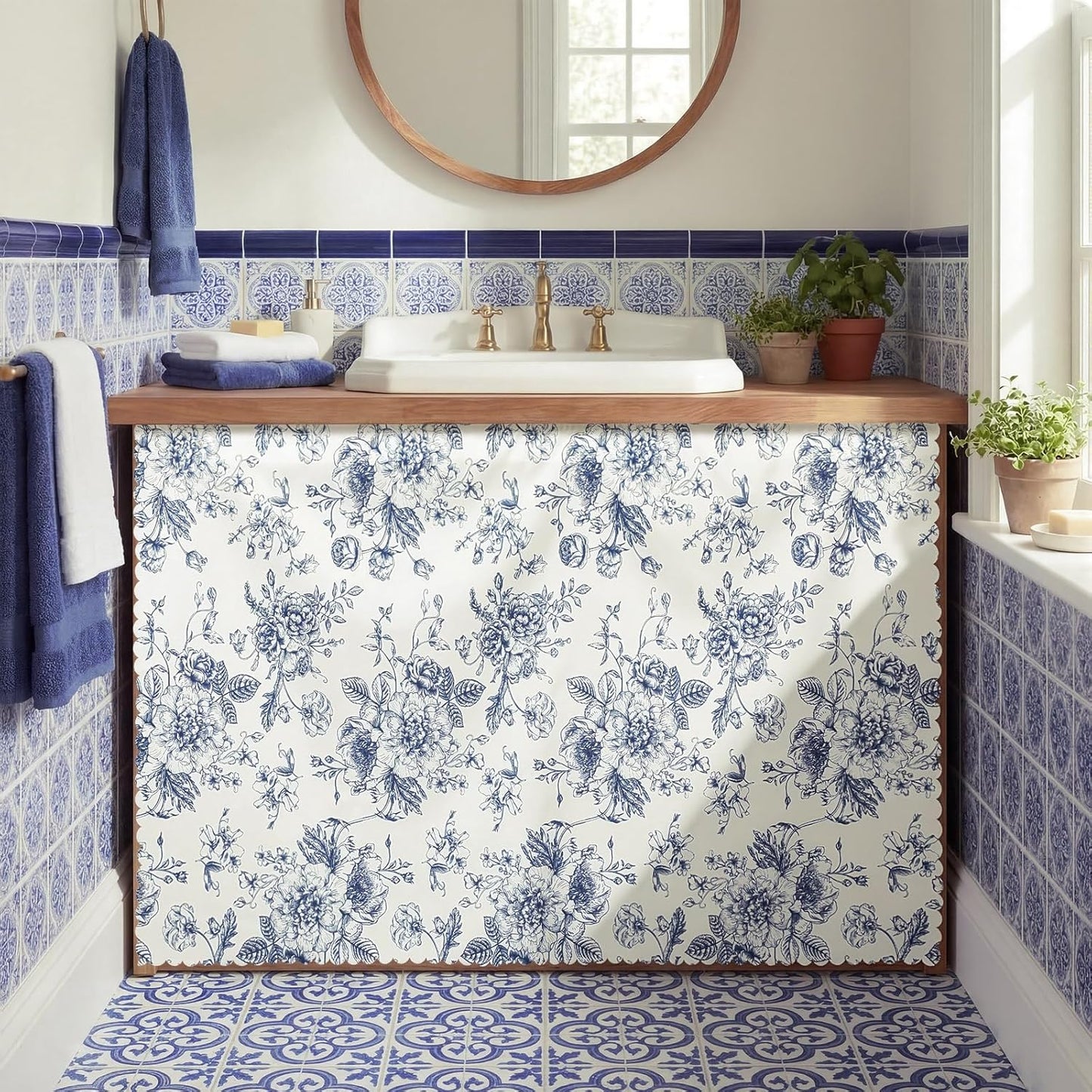 Falda baño floral azul autoadhesiva impermeable 55x32pulg