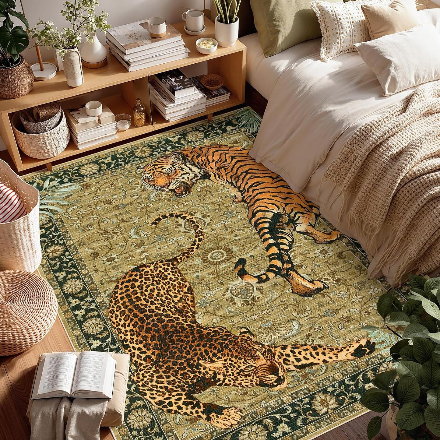 Alfombra lavable estilo bohemio tigre camello dormitorio