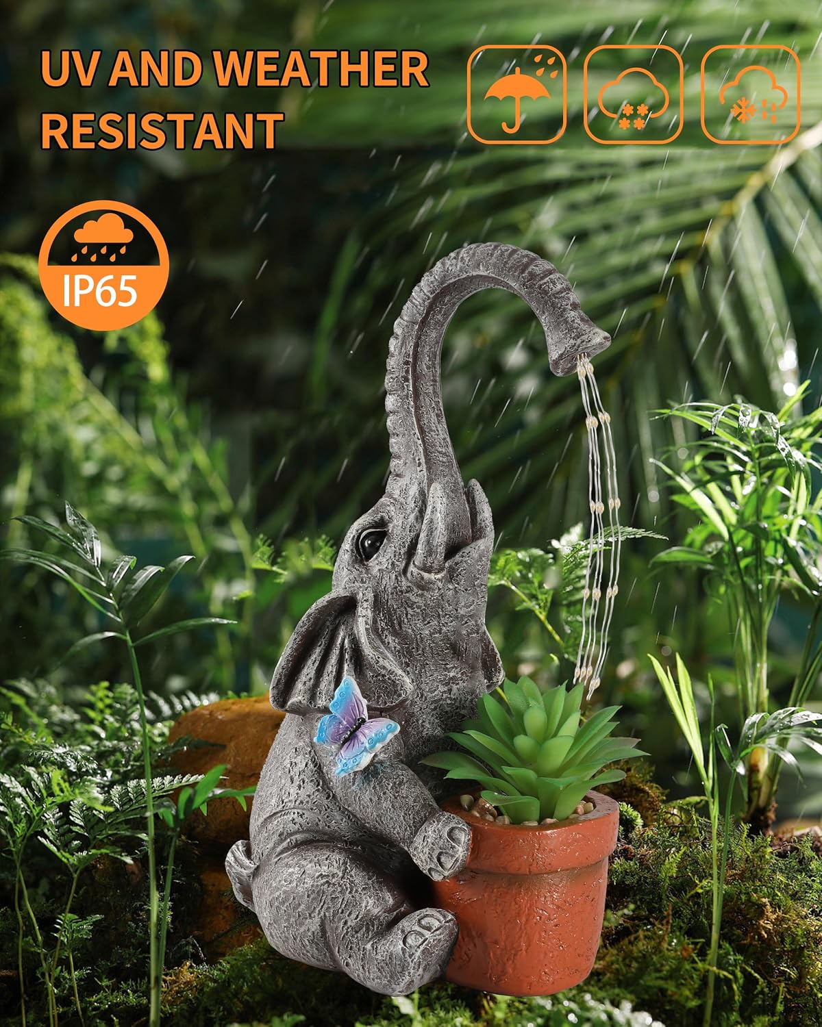Figura elefante solar con maceta resina para jardín