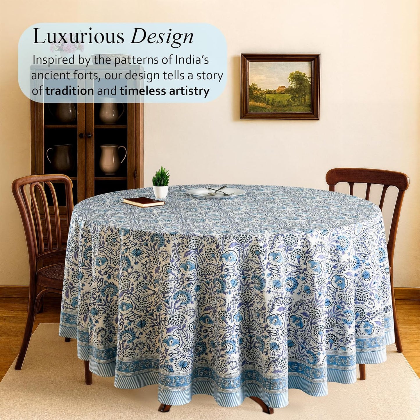 Set 2 Manteles Redondos Algodón Estampado Azul Índigo