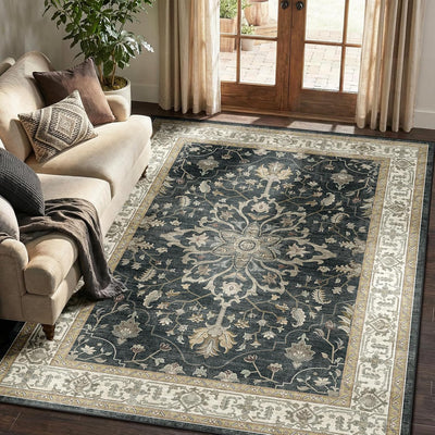 Alfombra área 5x7ft antideslizante patrón vintage negro marrón