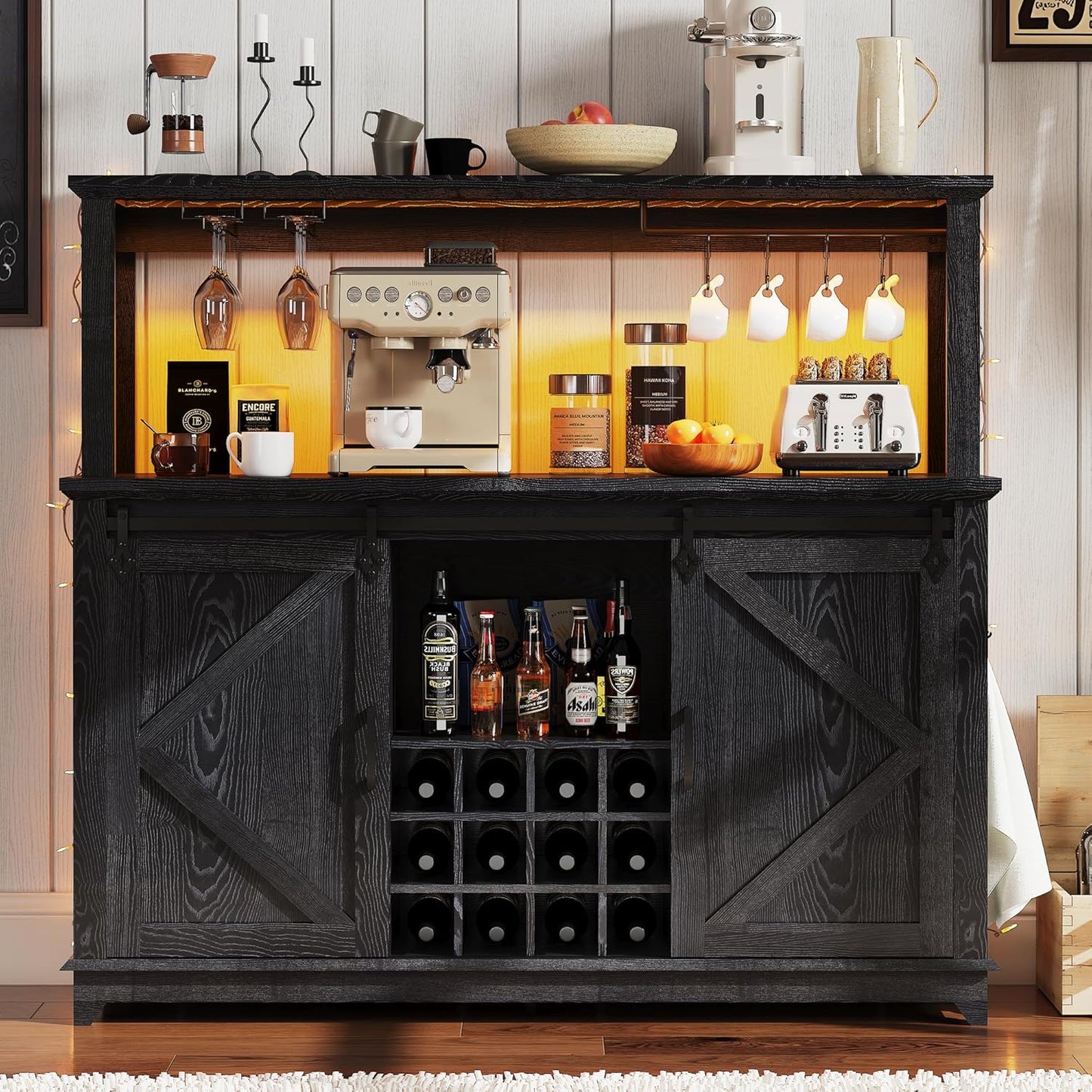 Gabinete barra café 55pulg LED con tomacorriente y estante vino