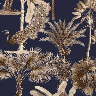 Papel tapiz palmeras pavo real azul marino autoadhesivo sala