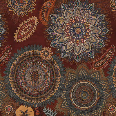 Papel tapiz bohemio floral rojo oscuro borgoña dorado
