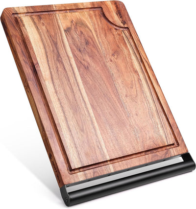Tabla cortar acacia grande ranuras mango metálico