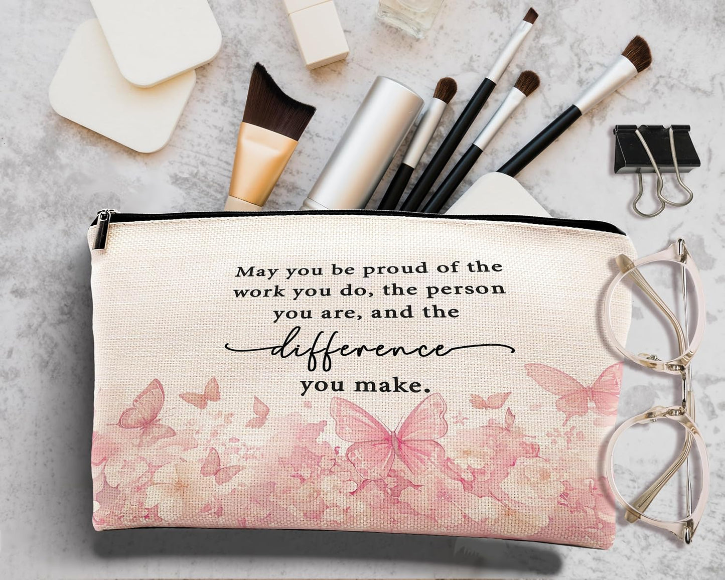 Bolsa maquillaje floral con mariposas rosadas regalo mujer