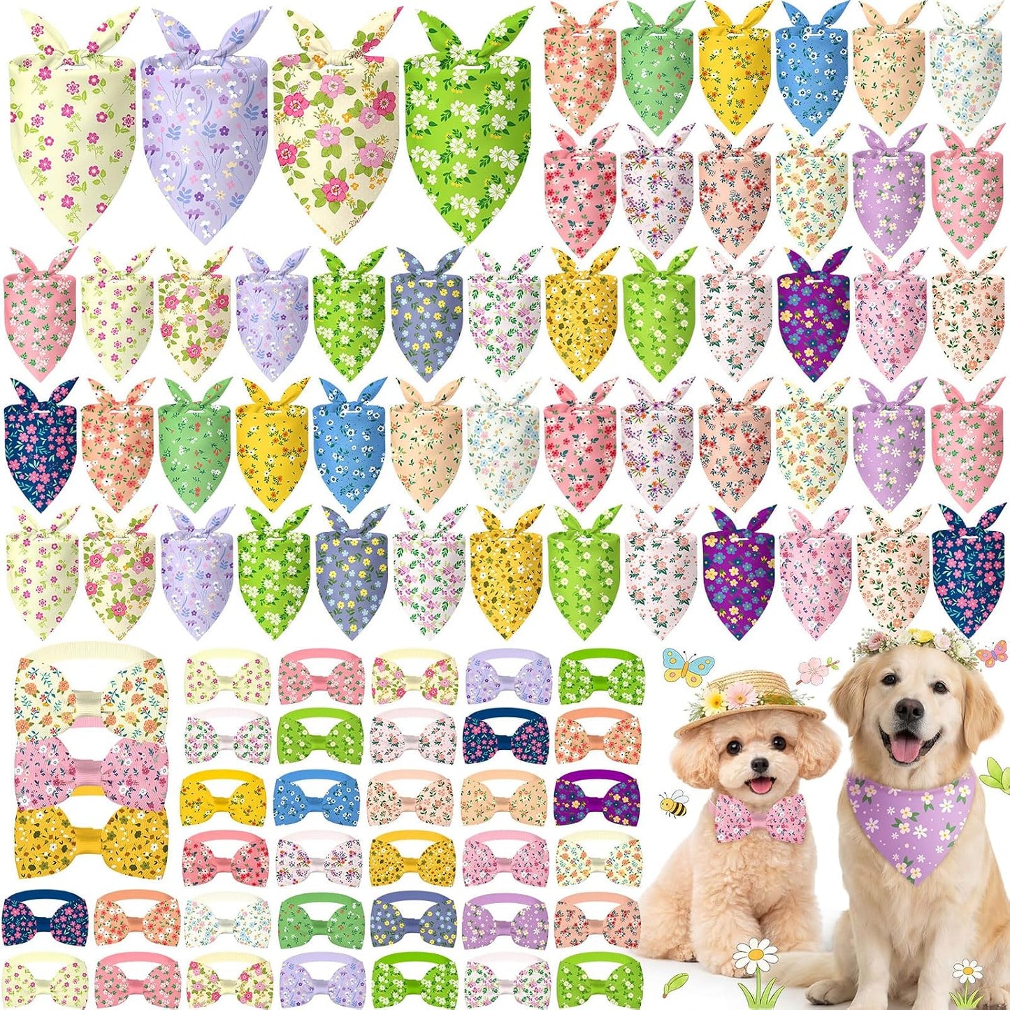 Set 100 bandanas y collares perro primavera flor triángulo