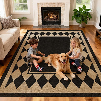 Alfombra yute 5x7pulg diseño ajedrez negro para interiores