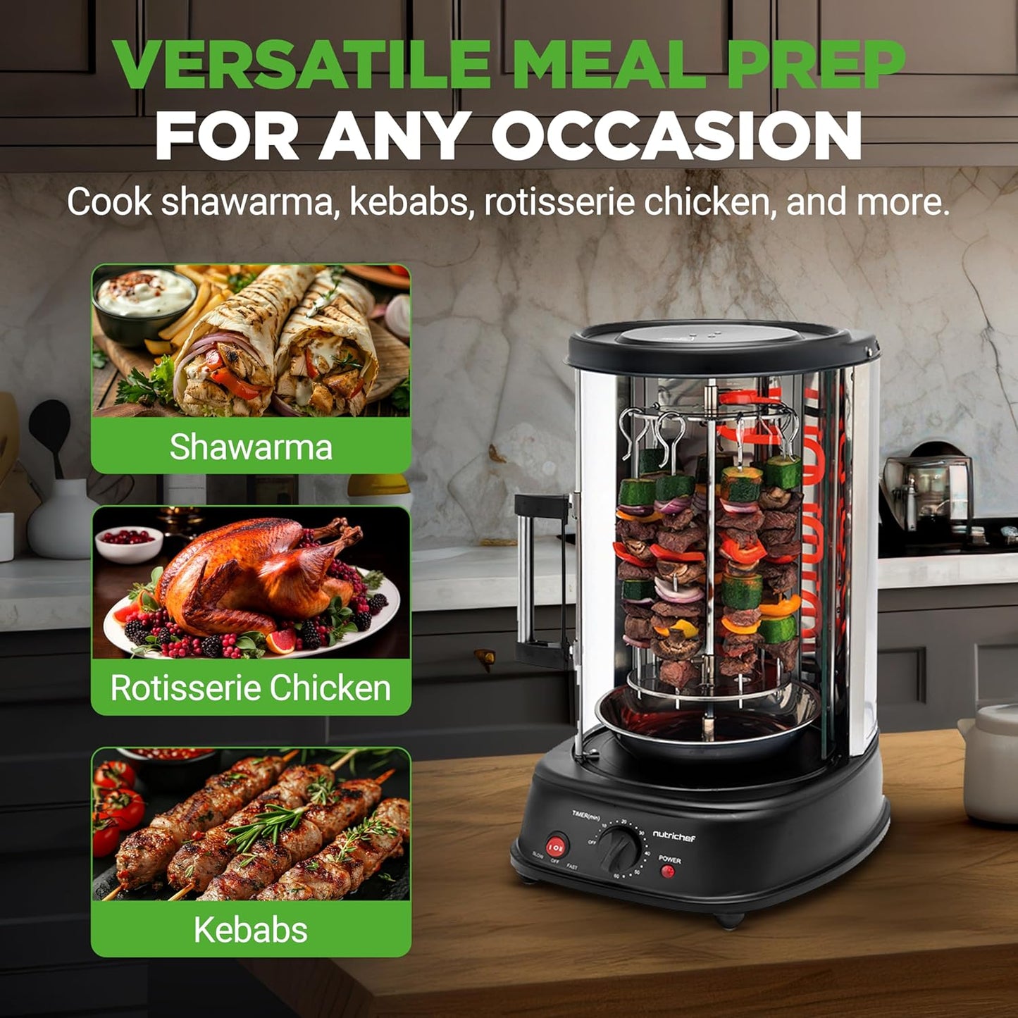 Horno giratorio vertical NutriChef para encimera con estante kebob