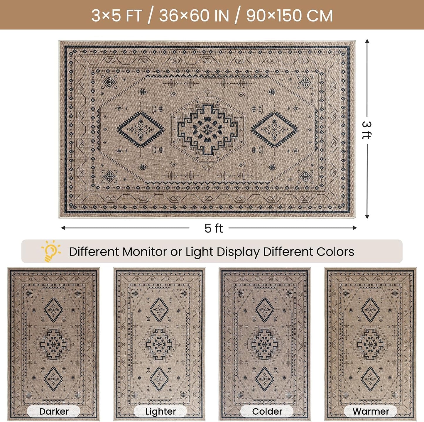 Alfombra yute sintético 3x5ft duradera bohemia para entrada puerta