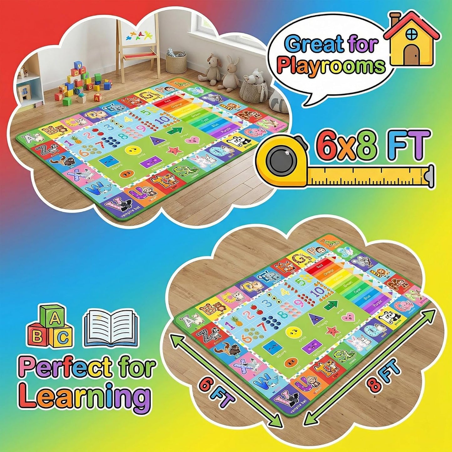 Alfombra educativa ABC números formas 6x8ft bebé
