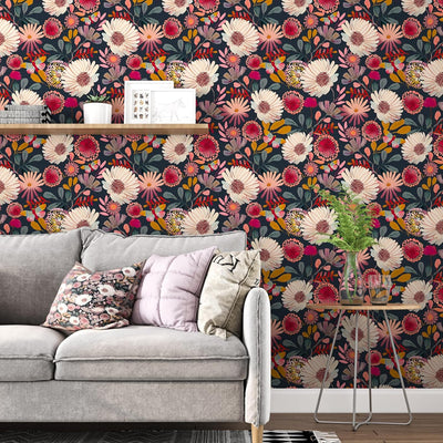 Papel tapiz floral oscuro autoadhesivo 17.5x78.7pulg