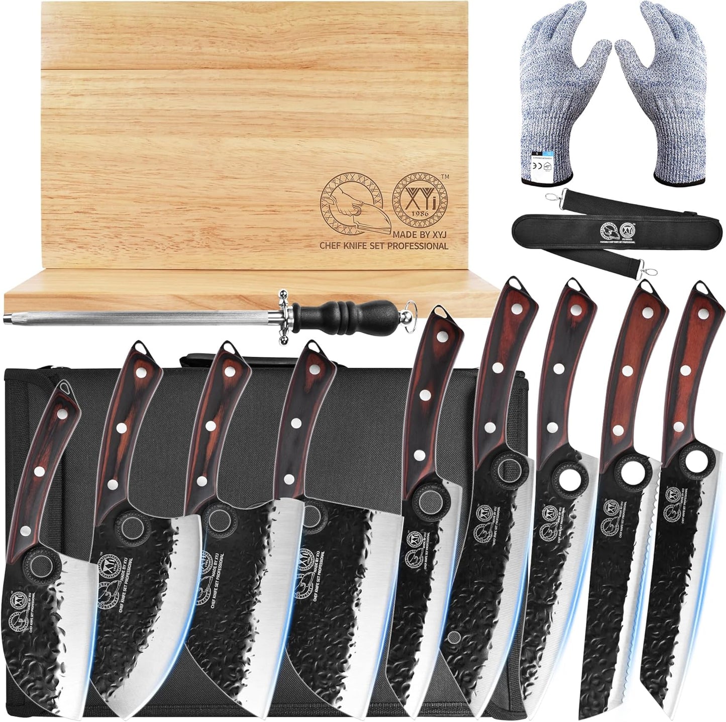 Set 9 Cuchillos Chef Acero con Bloque Magnético y Guantes