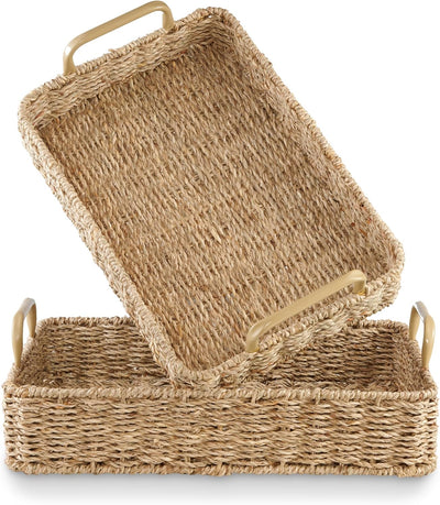 Set 2 bandejas rectangulares con asas y set 3 canastas de seagrass