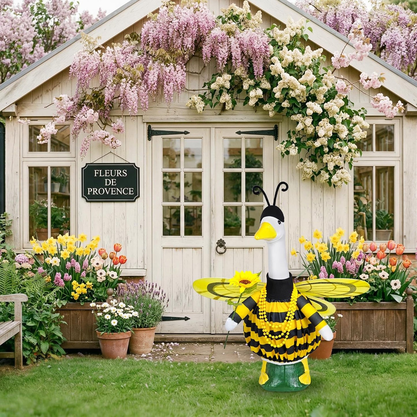 Disfraz abeja para estatua ganso con sombrero y collar