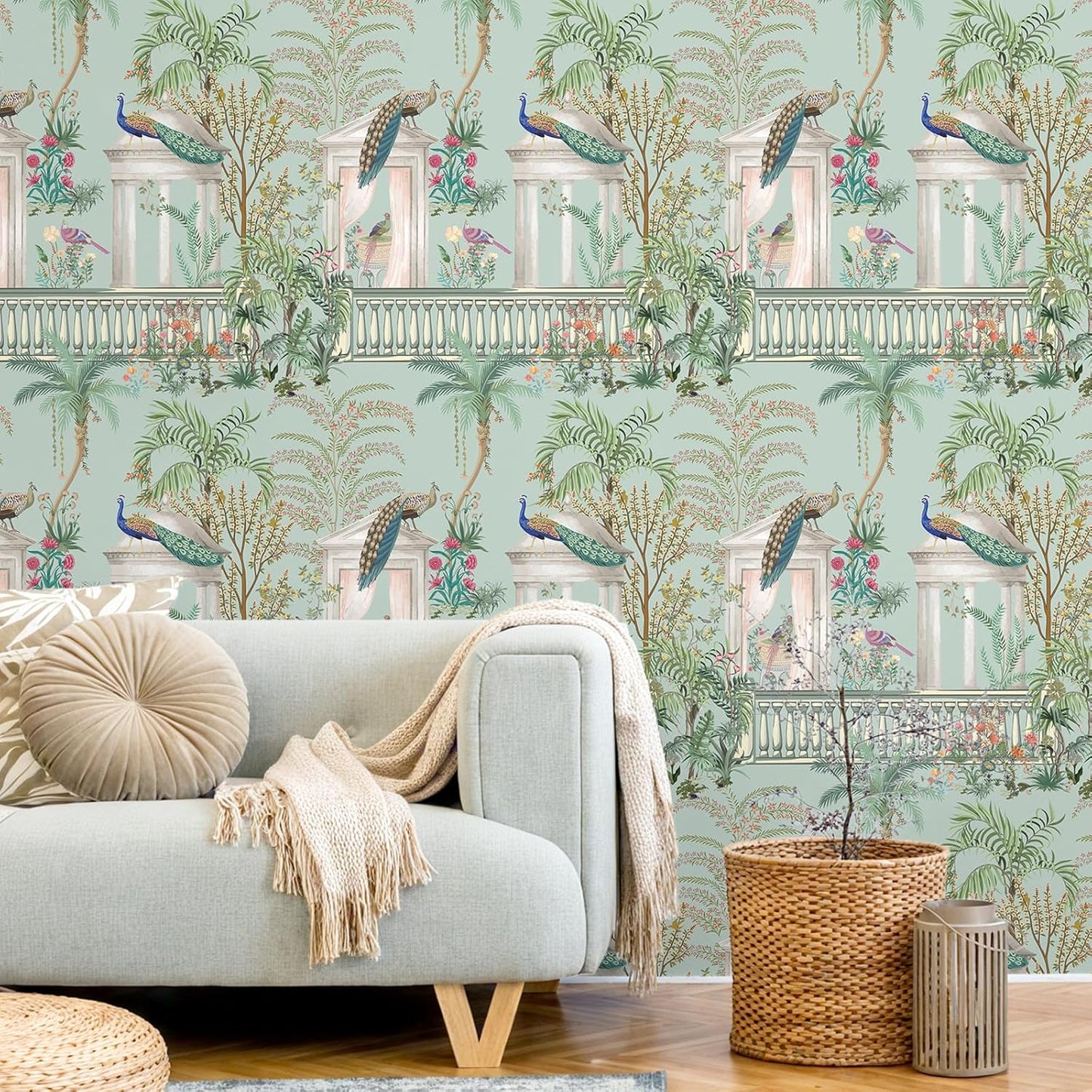 Papel tapiz Chinoiserie pavo real verde dormitorio