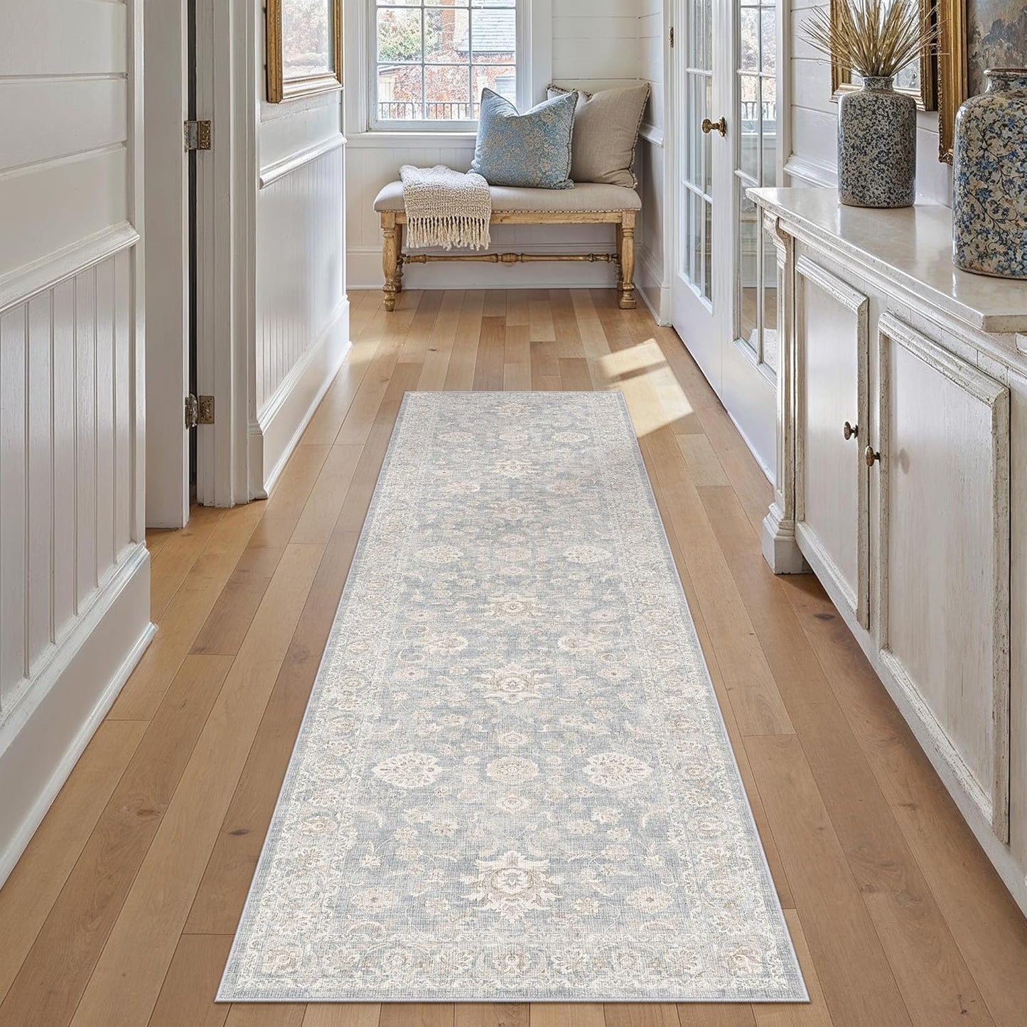 Alfombra pasillo lavable azul crema 2x6ft antideslizante