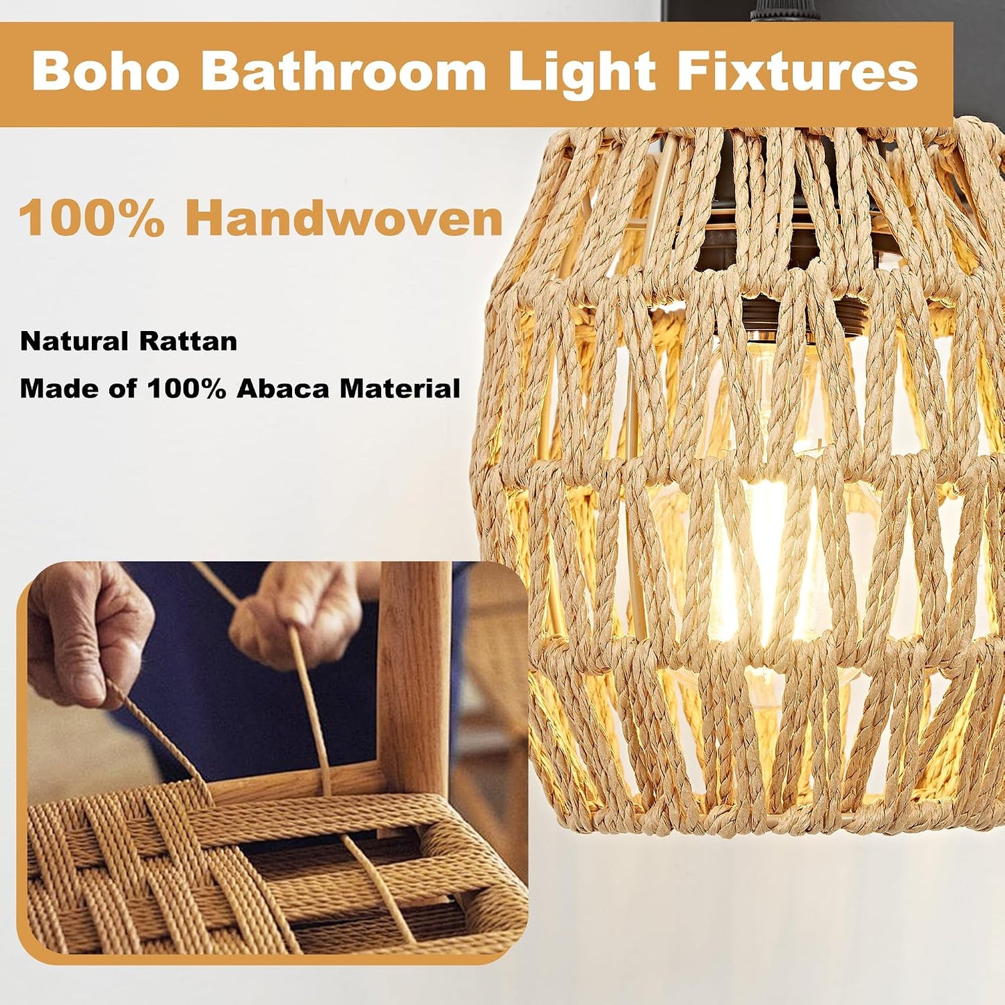 Lámpara tocador 3 luces mimbre ratán bohemio madera negra