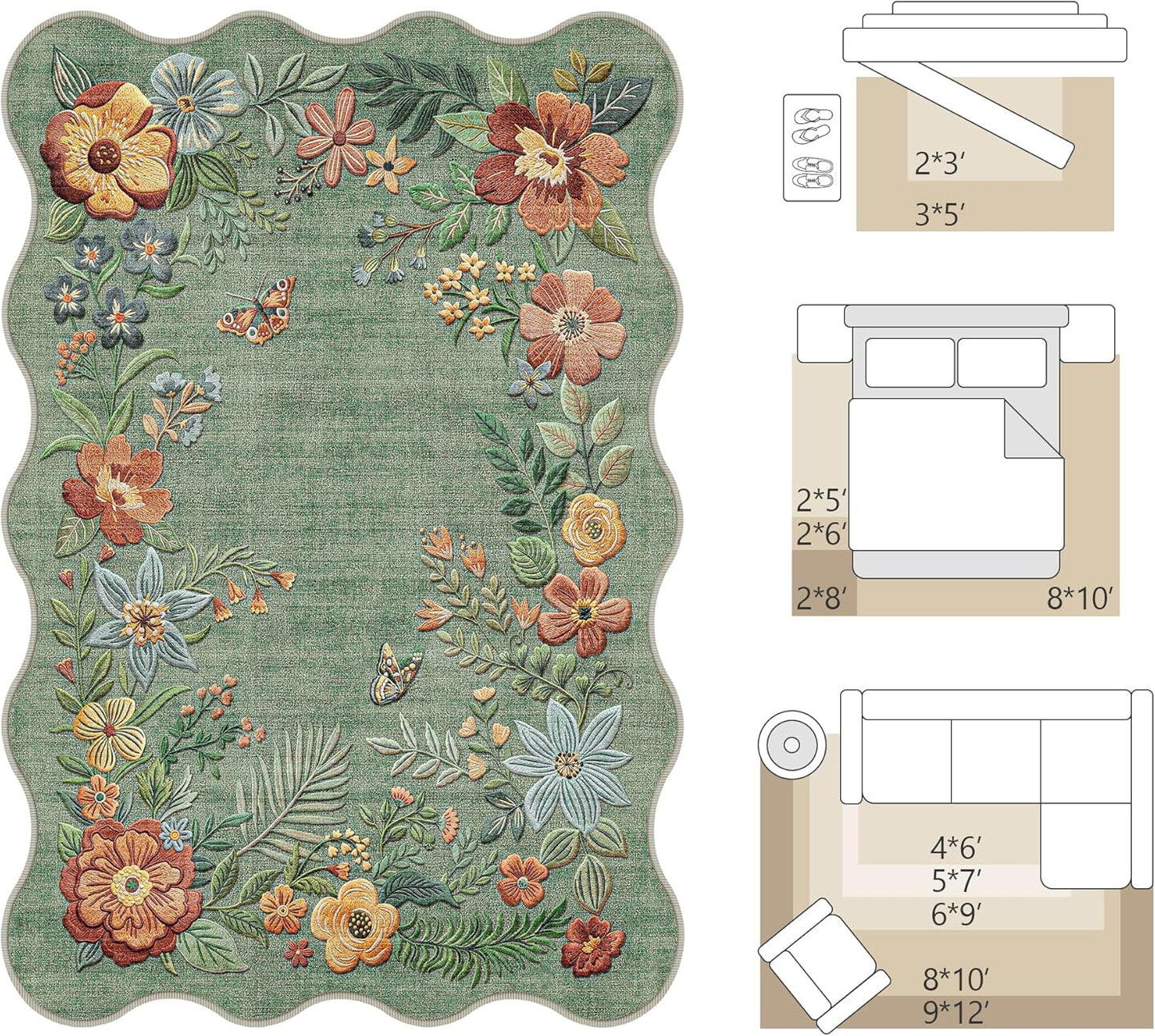 Alfombra floral lavable 6x9pulg color verde salvia antideslizante
