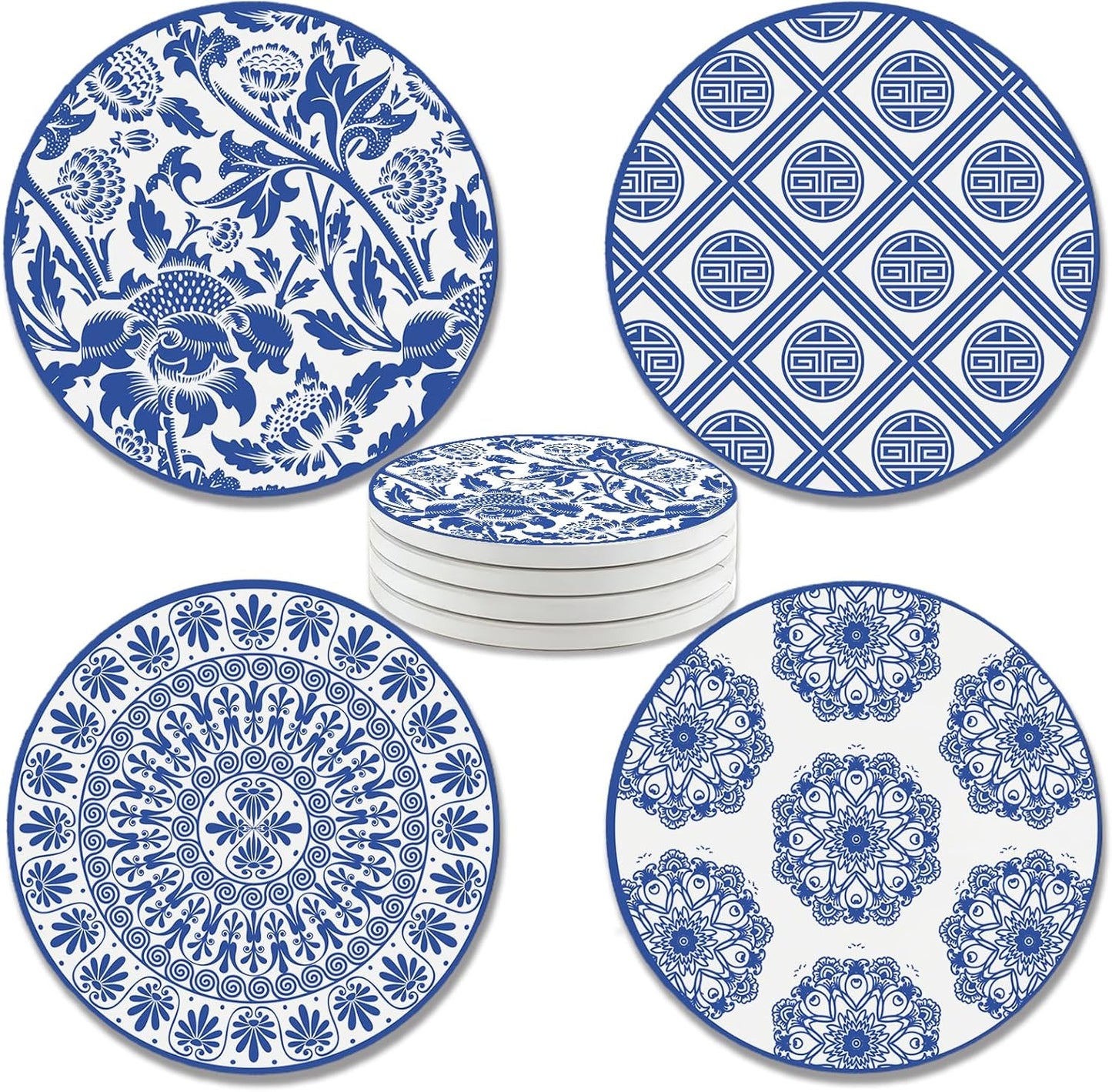 Posavasos redondos absorbentes de cerámica con base de corcho chinos azules y blancos