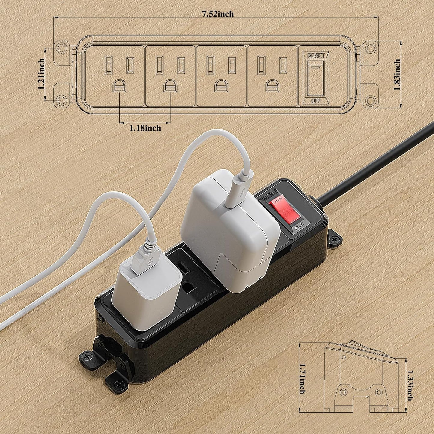 Regleta pared 4 salidas con interruptor 3 pies