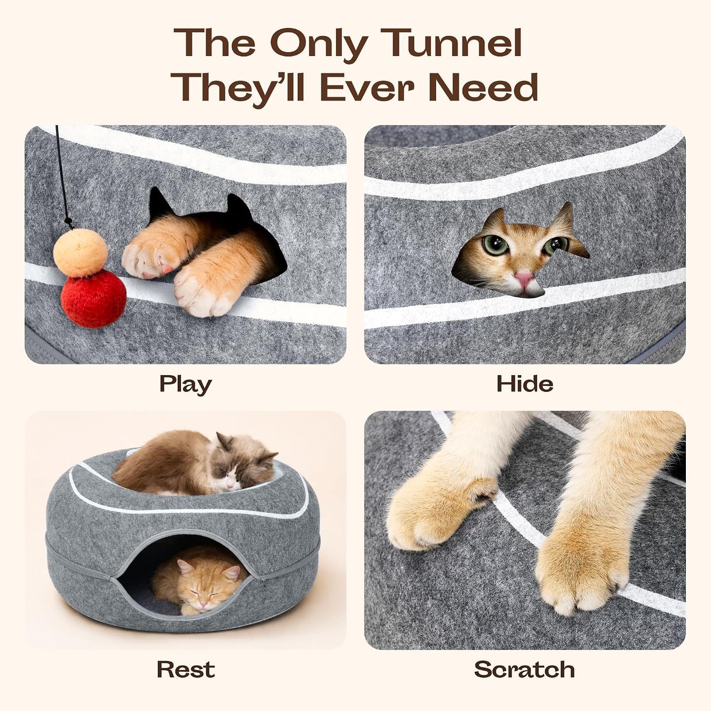 Cama túnel para gatos fieltro resistente arañazos gris