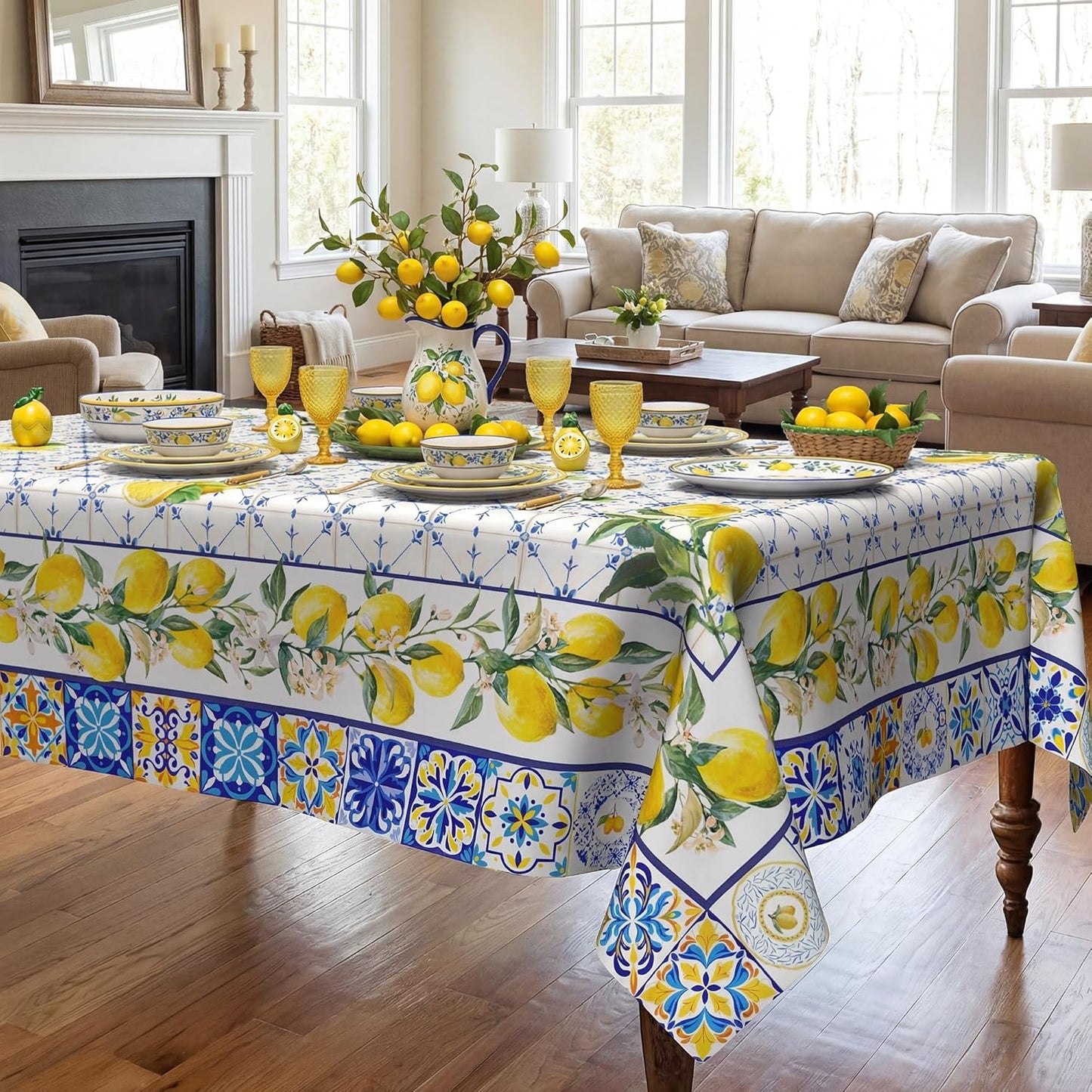 Mantel rectangular color limón 60 x 84 pulgadas decoración granja a cuadros azules poliéster