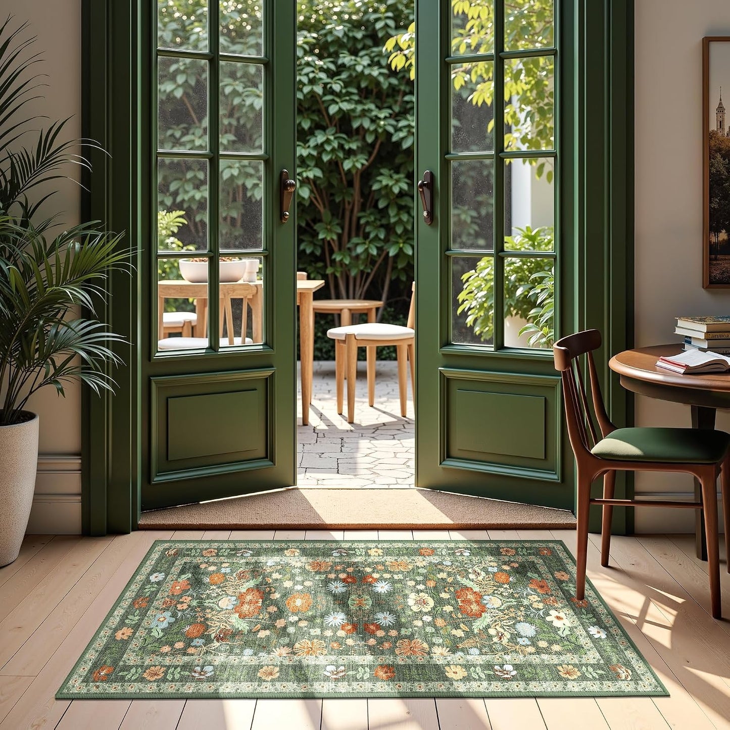 Alfombra entrada floral 2x4pulg verde bohemio antideslizante