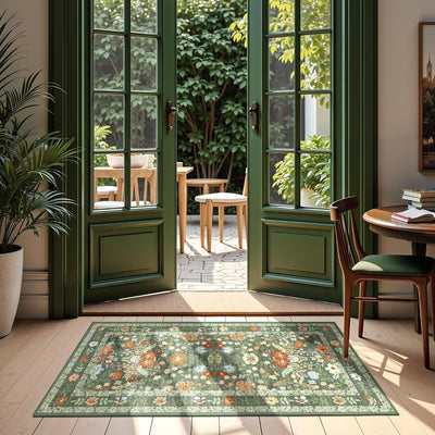 Alfombra entrada floral 2x4pulg verde bohemio antideslizante