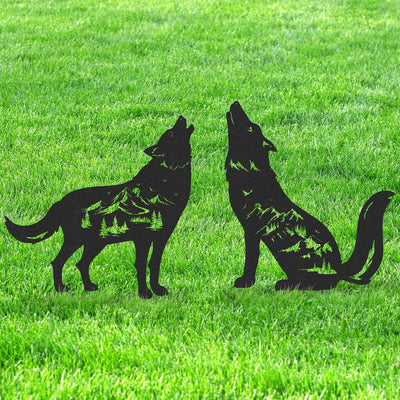 Estacas jardín lobo metal silueta aulladora negra 2pzas