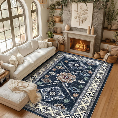 Alfombra bohemia lavable 5x7ft azul antideslizante