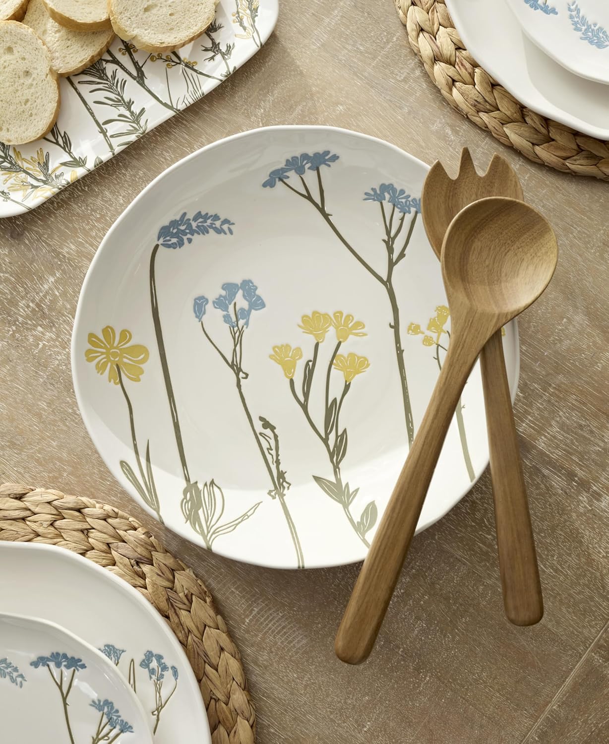 Set 3 Pzas Plato Comida Cerámica con Servilletas Madera