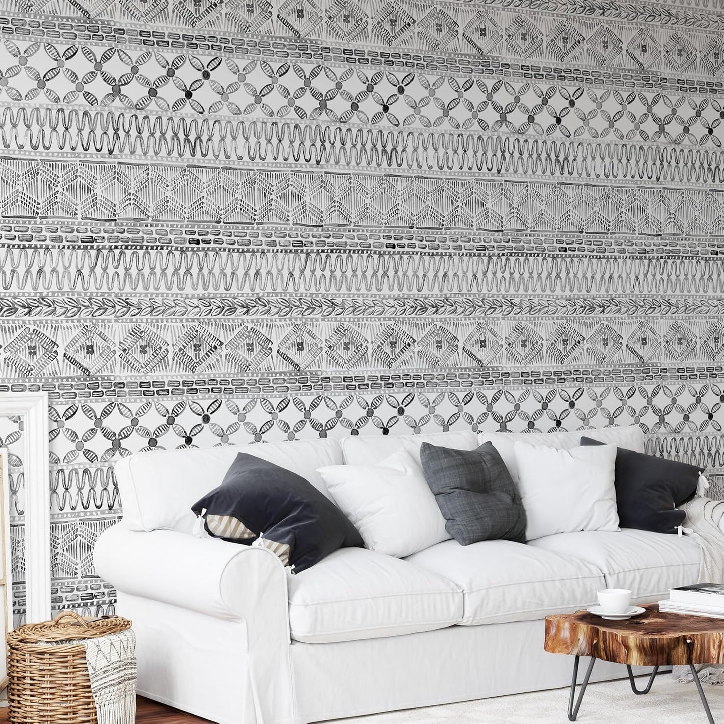 Papel tapiz bohemio acuarela blanco y negro geométrico
