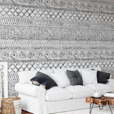 Papel tapiz bohemio acuarela blanco y negro geométrico