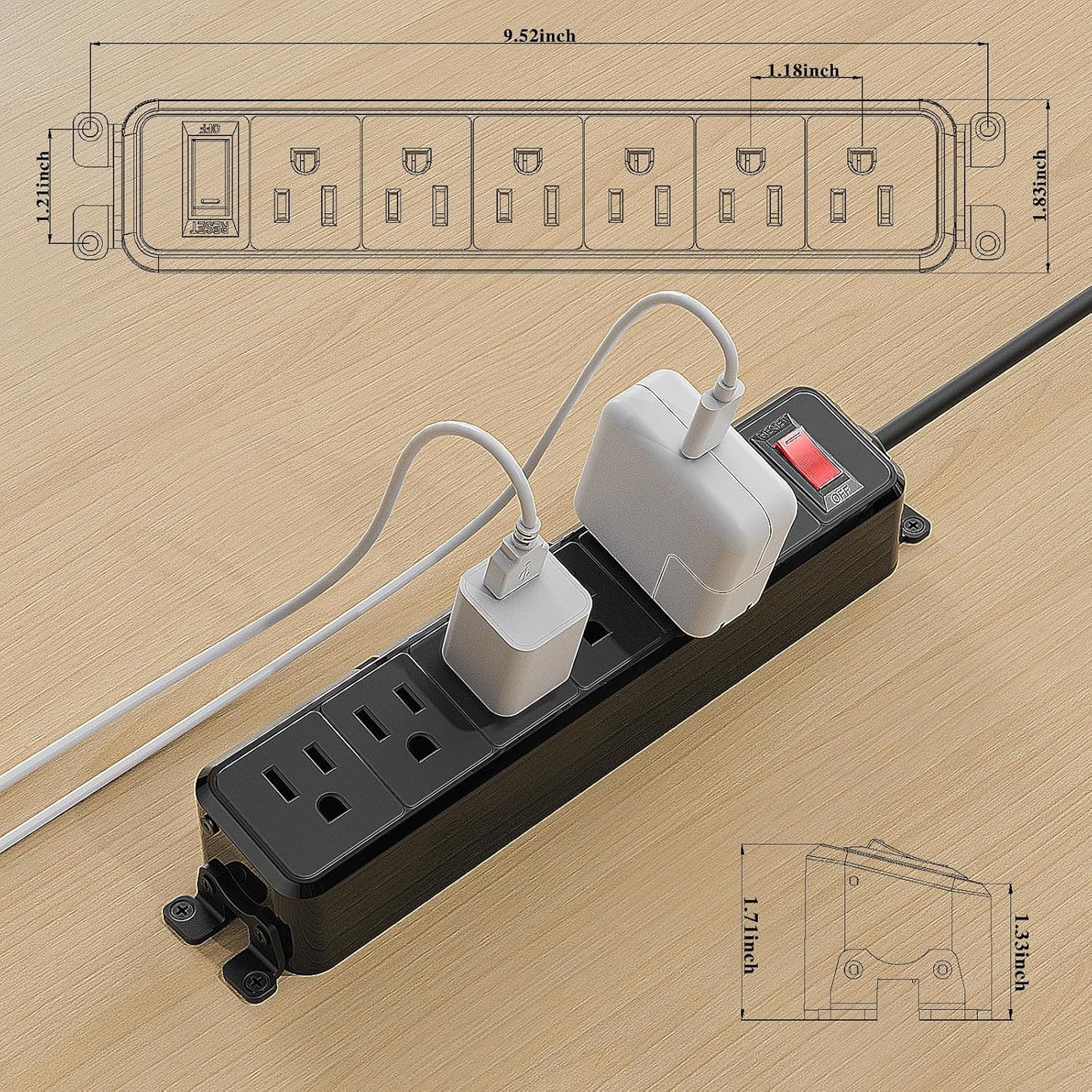 Regleta pared 6 salidas con interruptor 3pies