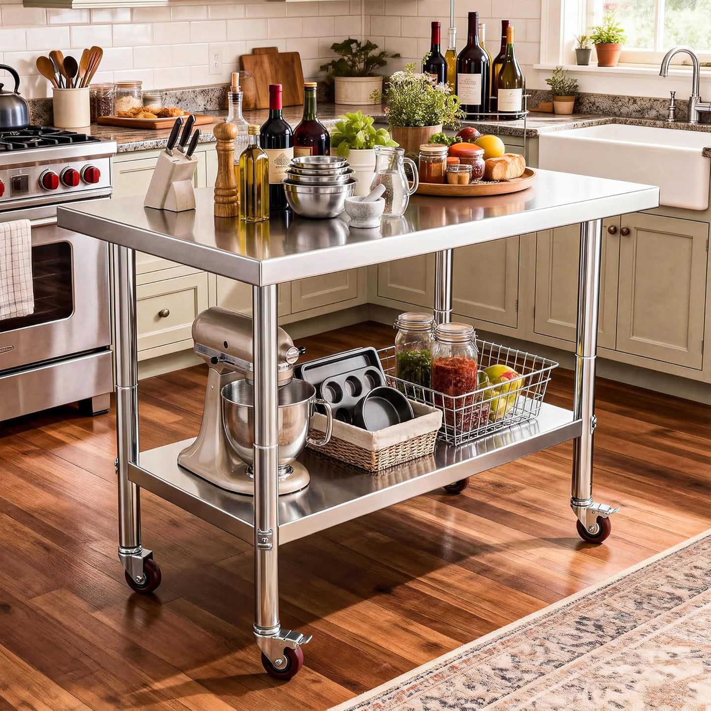Mesa acero inox 30x24pulg con estante ajustable ruedas cocina