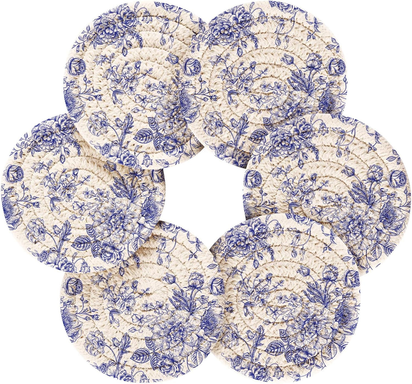 Juego de 6 posavasos florales azules y blancos de algodón con soporte