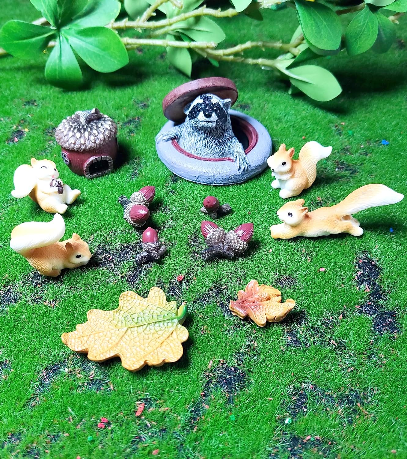 Juego 12 figuras resina mapache ardilla para jardín de hadas