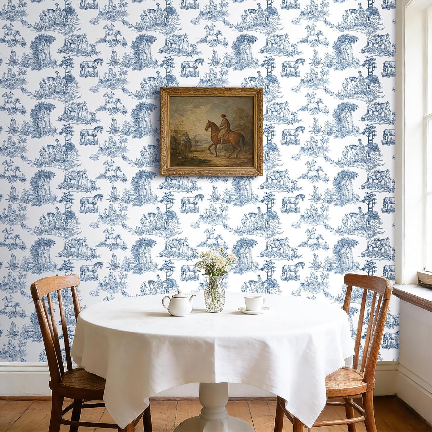 Papel Tapiz Toile de Jouy Azul Blanco Figuras Pastorales Vintage