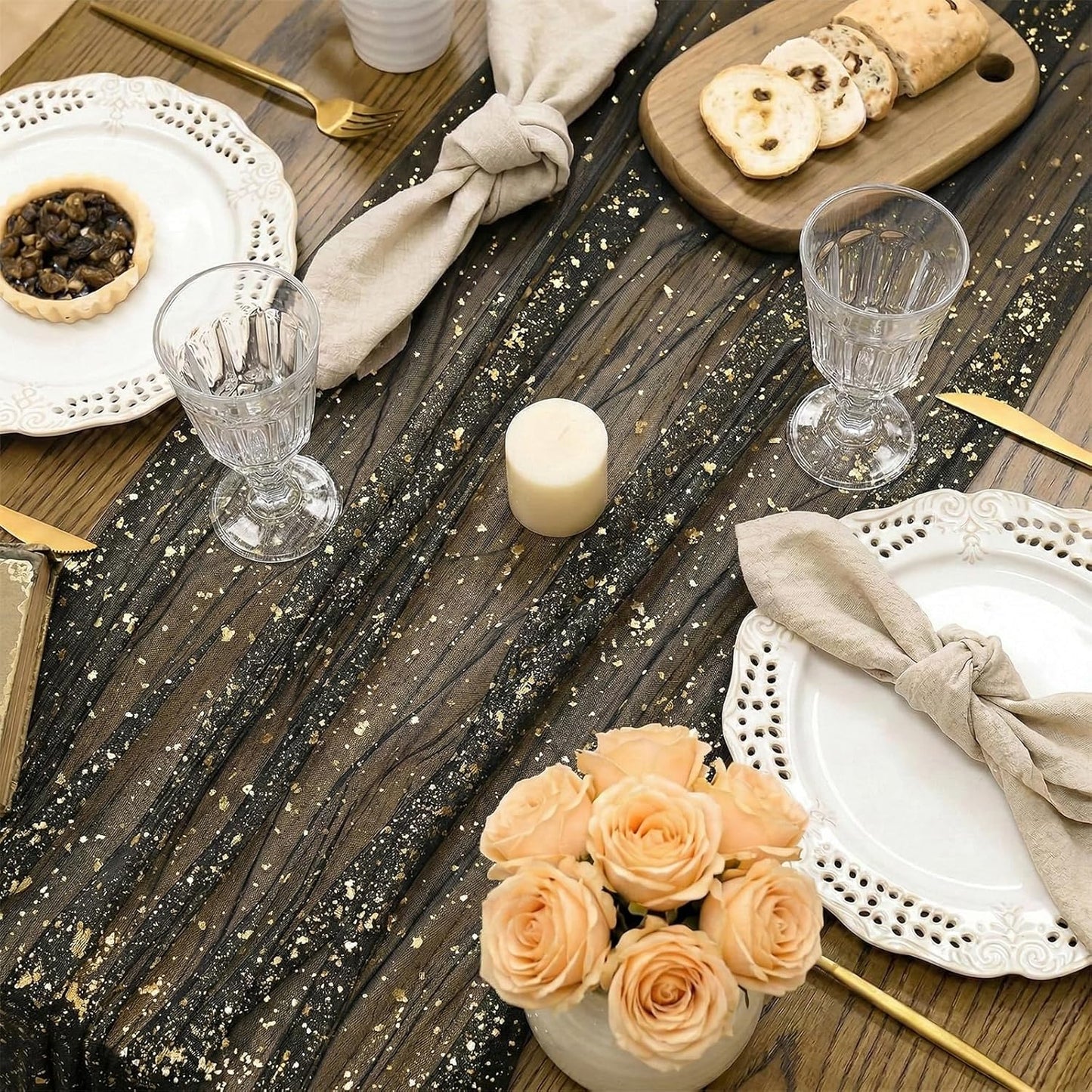 Mantel de gasa negra y dorada con lentejuelas de purpurina para boda