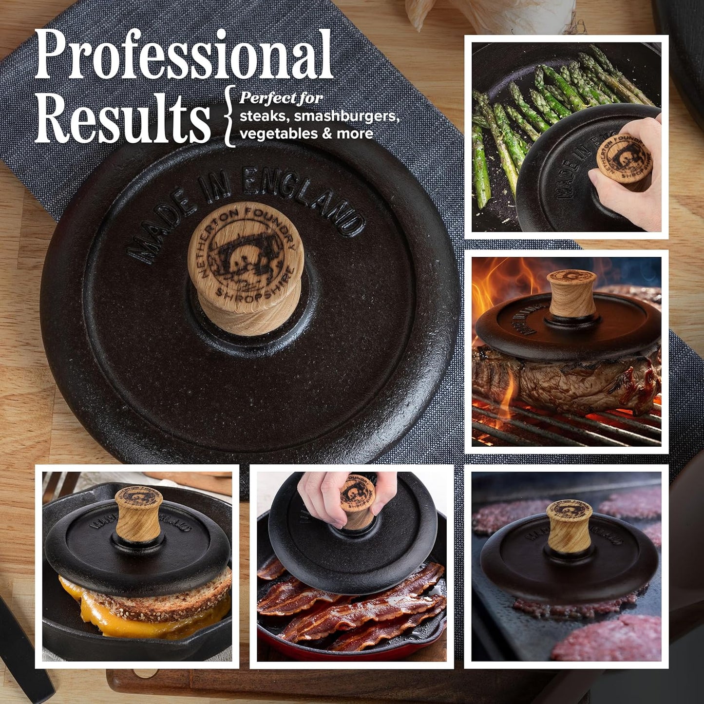 Prensa parrilla hierro fundido redonda 7.25pulg mango madera