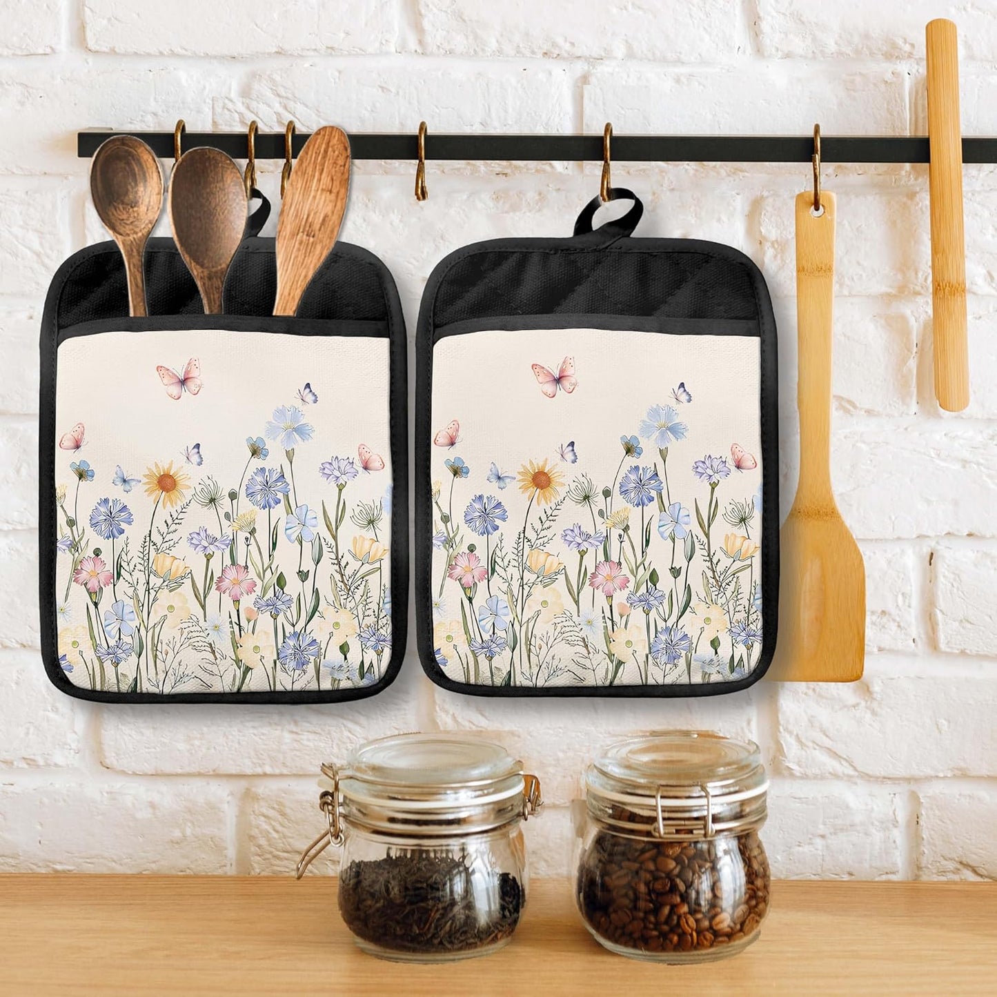 Soportes para ollas con diseño floral de mariposa con bolsillos