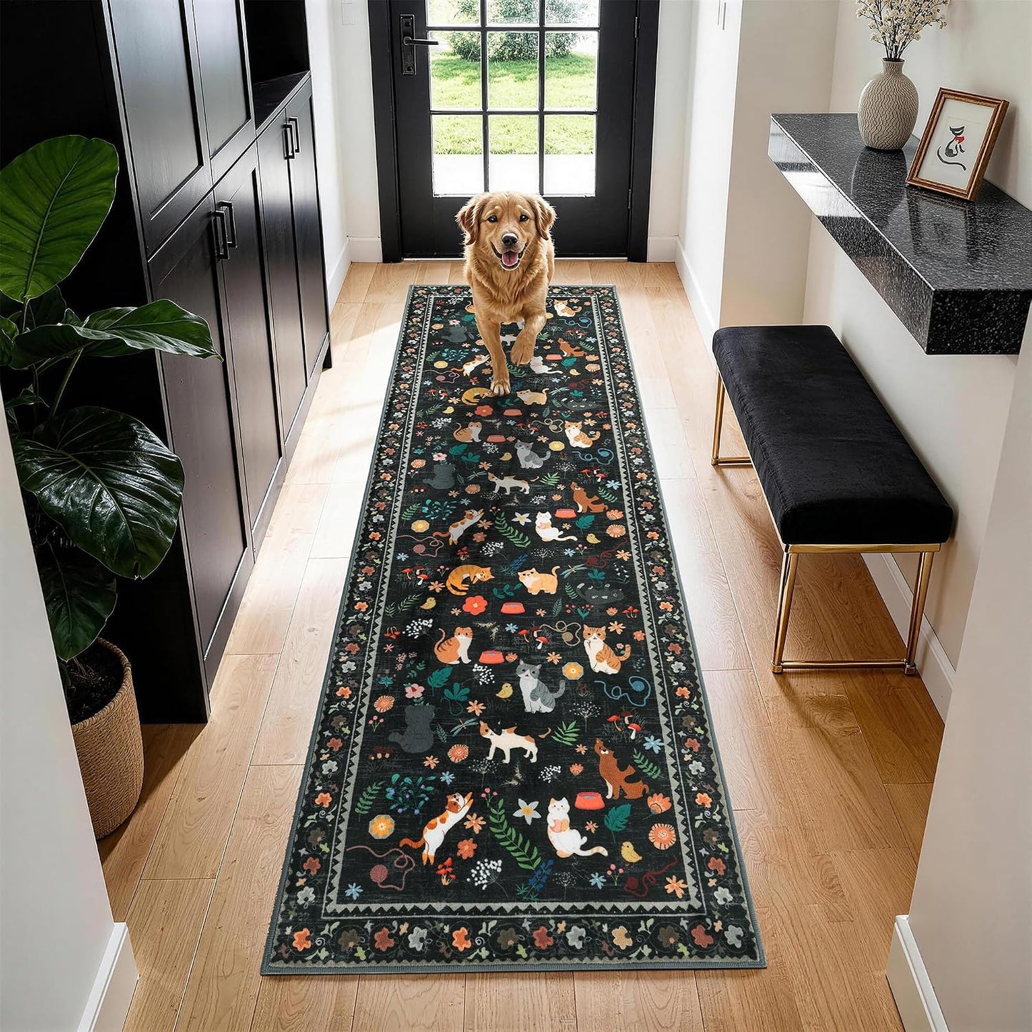 Alfombra pasillo gato 2x6ft antideslizante lavable negro
