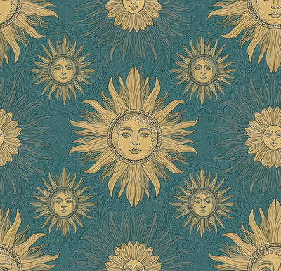 Papel tapiz vintage removible color verde azulado y dorado
