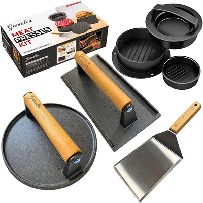 Kit barbacoa prensa hamburguesas hierro fundido 7 y 8.2x4.3