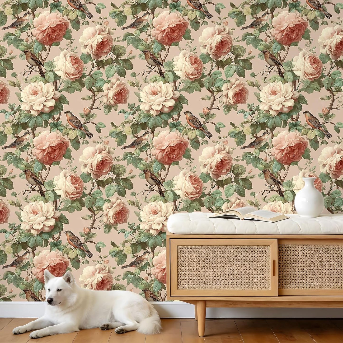 Papel Tapiz Vintage Rosas Pájaros 17.7x118pulg Autoadhesivo