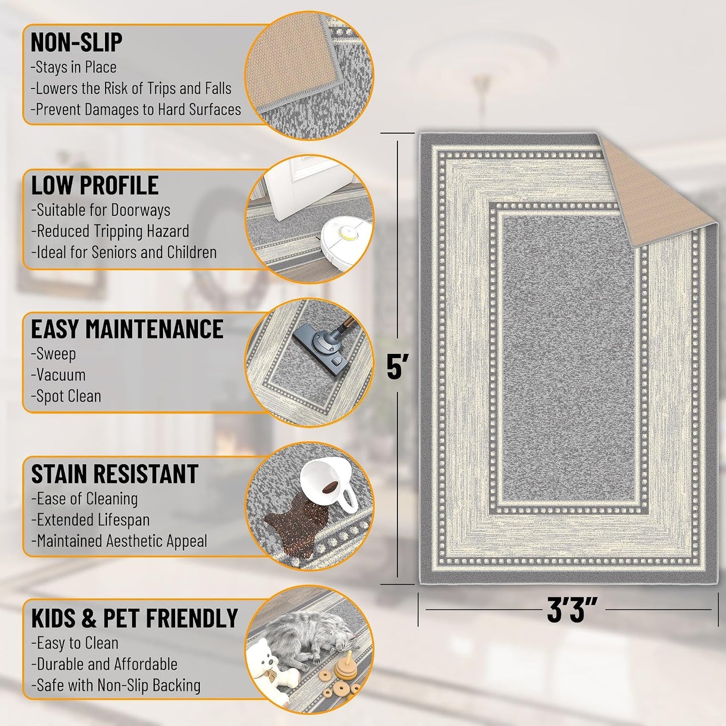 Alfombra sala dormitorio 3'3"x4'7" antideslizante duradera