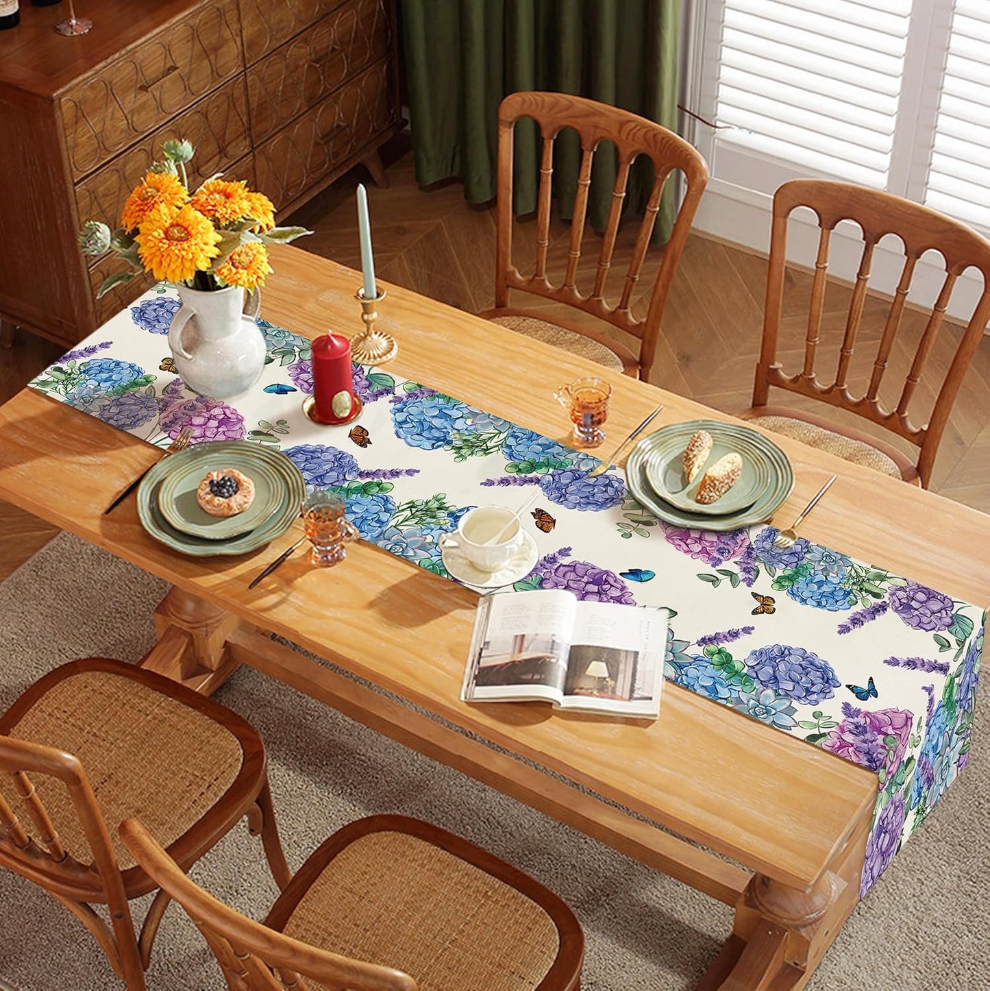 Camino mesa floral hortensias 13x72pulg decoración hogar